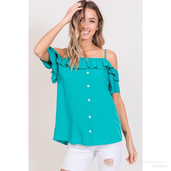 💕LAST 2! Teal Ruffled Woven Open Shoulder Blouse - Picture 7 of 8